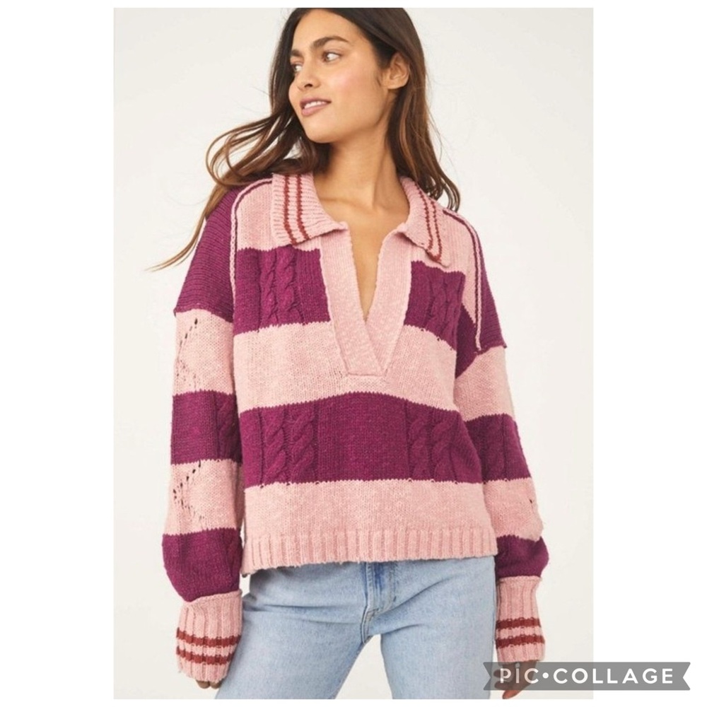 Free People Pembrook Striped Cable-Knit Moody Pink Oversized V-neck Sweater